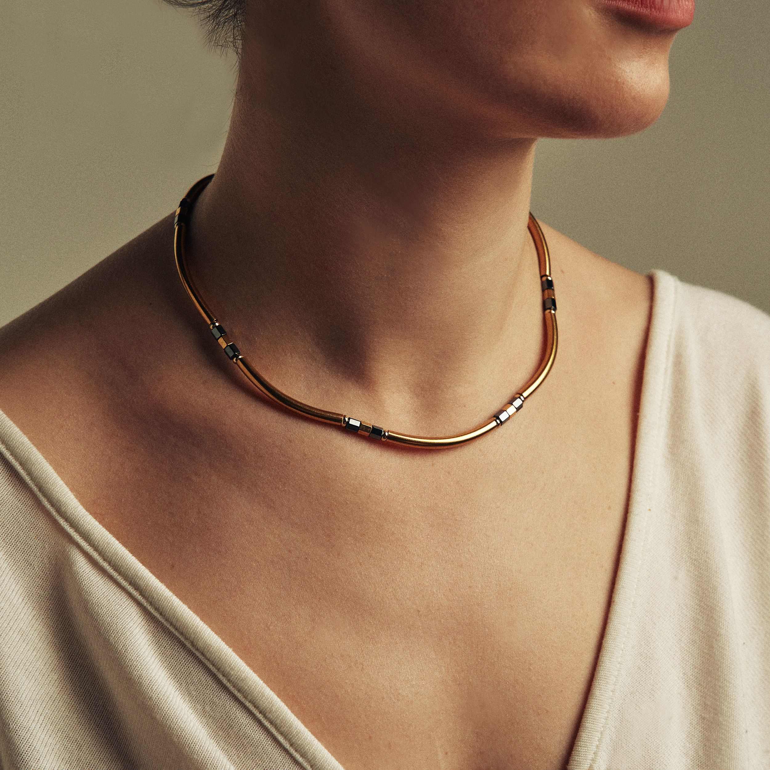 Gold Necklace with Tubes & Hematites - Image 2