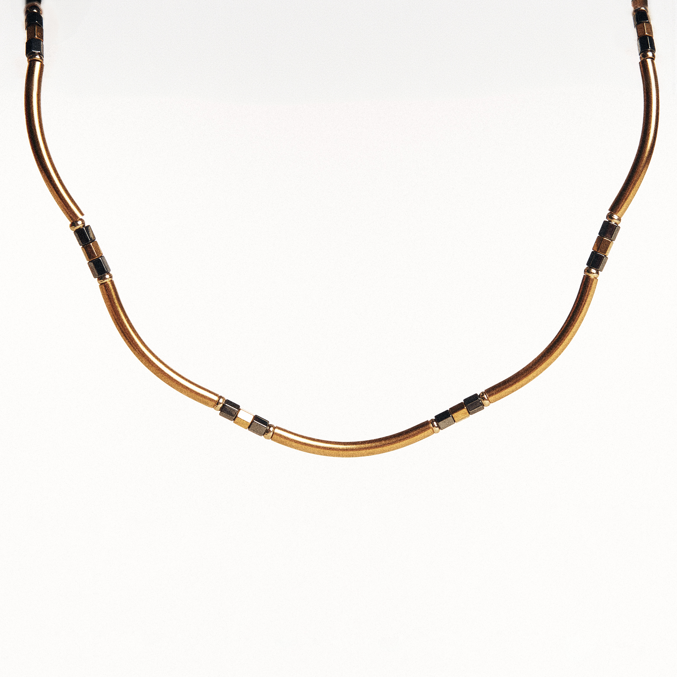 Gold Necklace with Tubes & Hematites