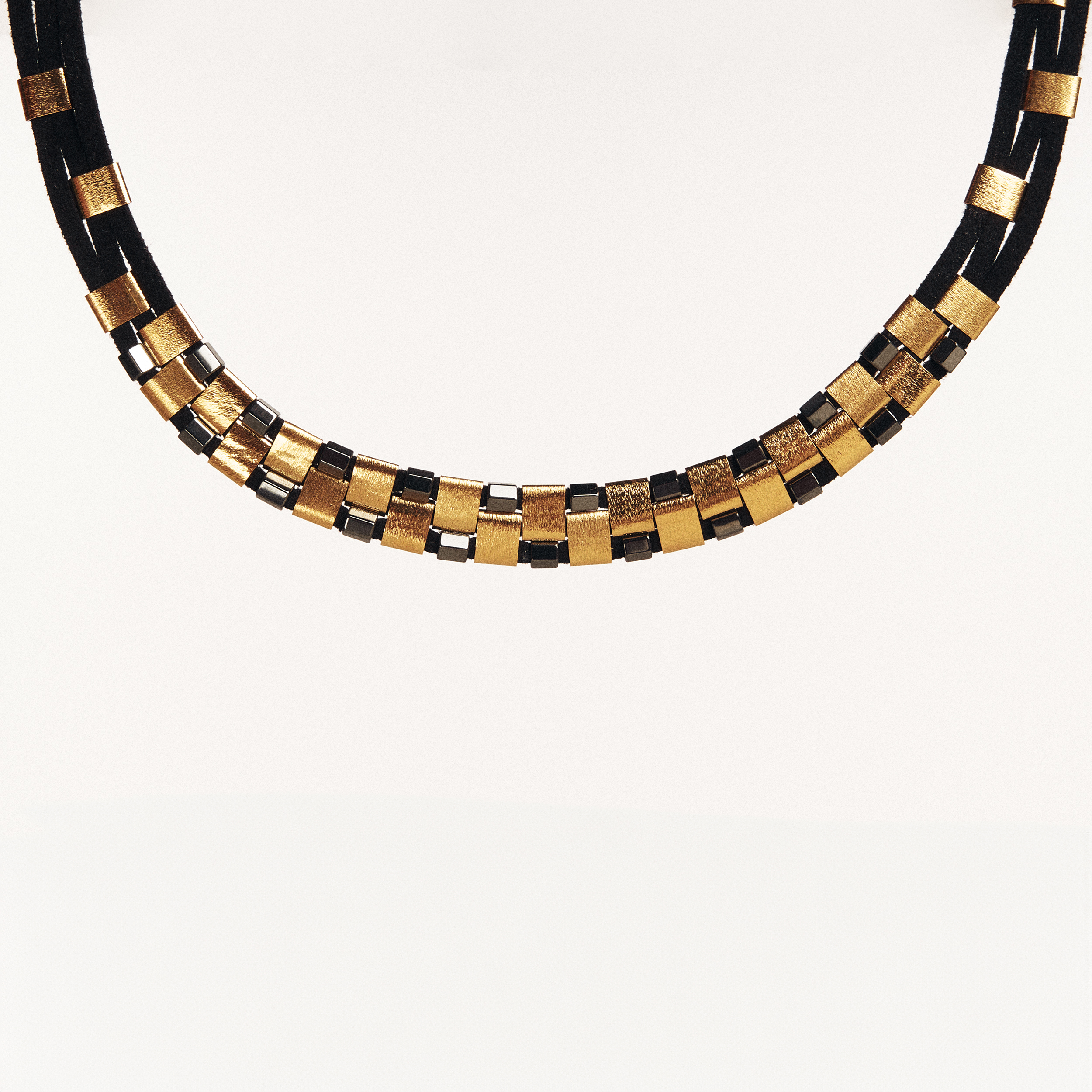 Suede Necklace with Gold Elements & Hematites