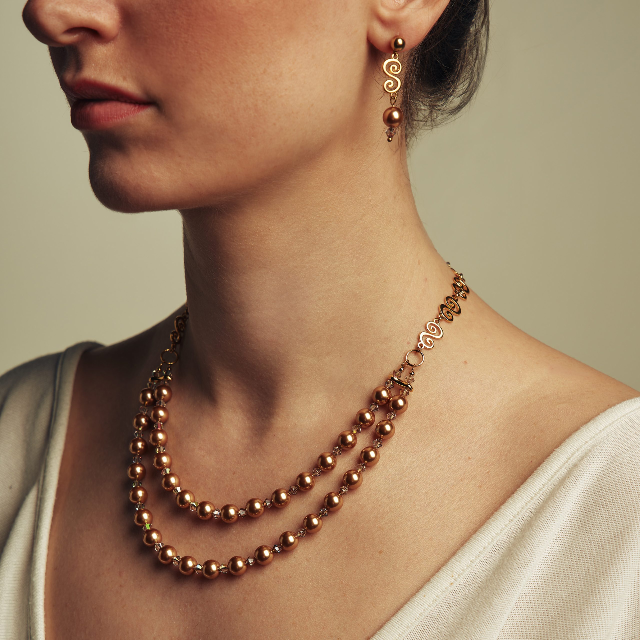 Gold Earrings with Swarovski Pearls & Crystals - Image 2