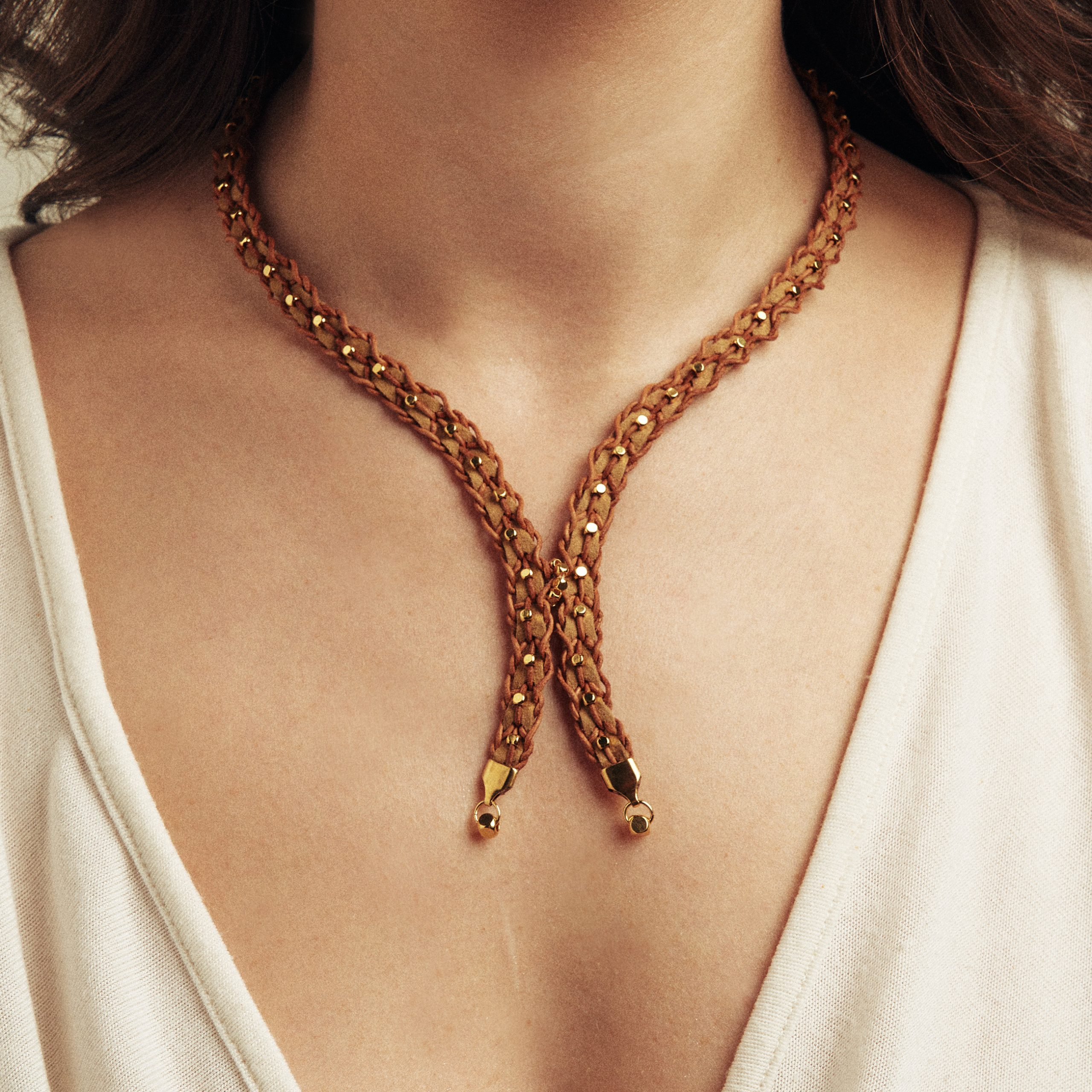 Leather & Suede Necklace with Gold Cubes