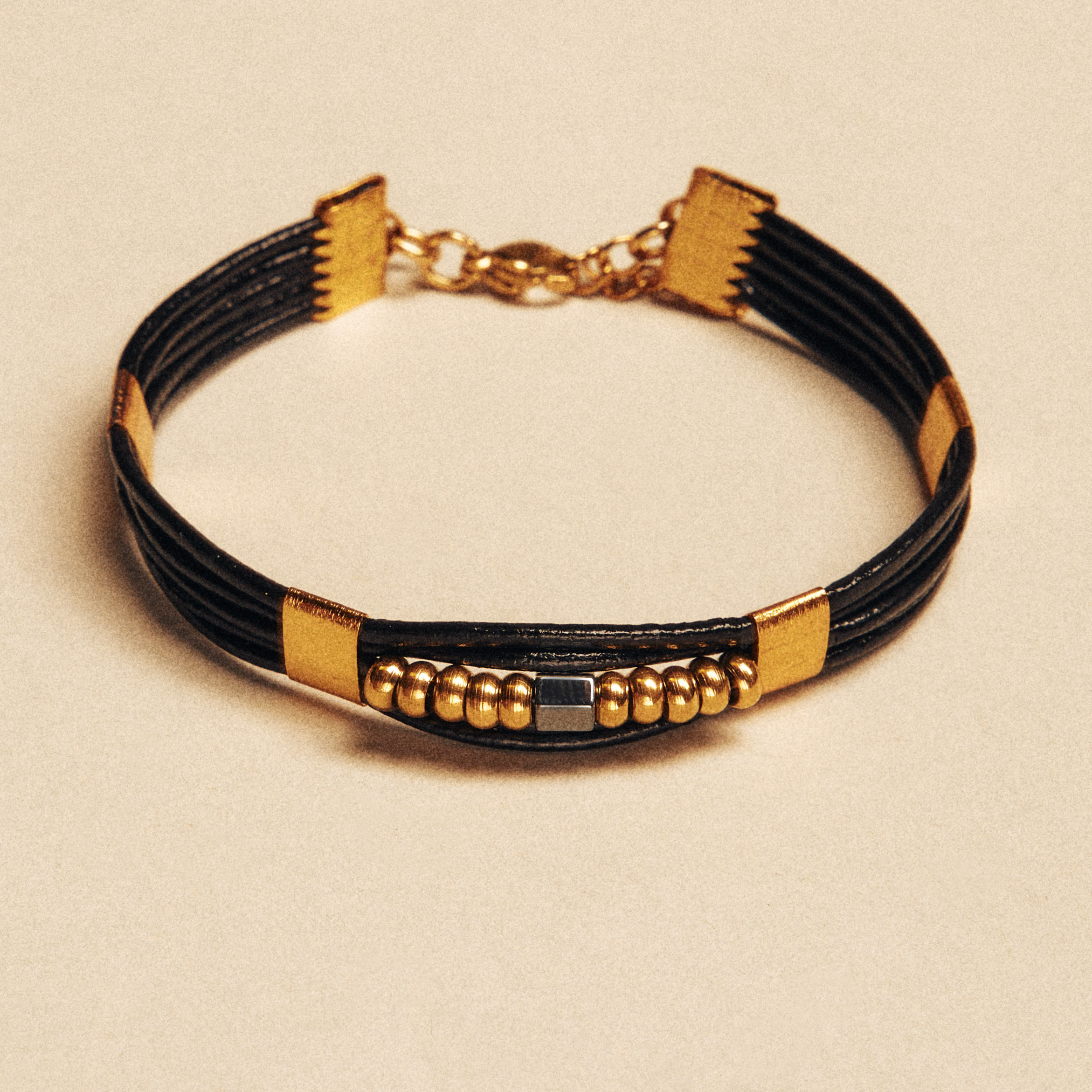 Black Leather Bracelet with Gold & Black Elements