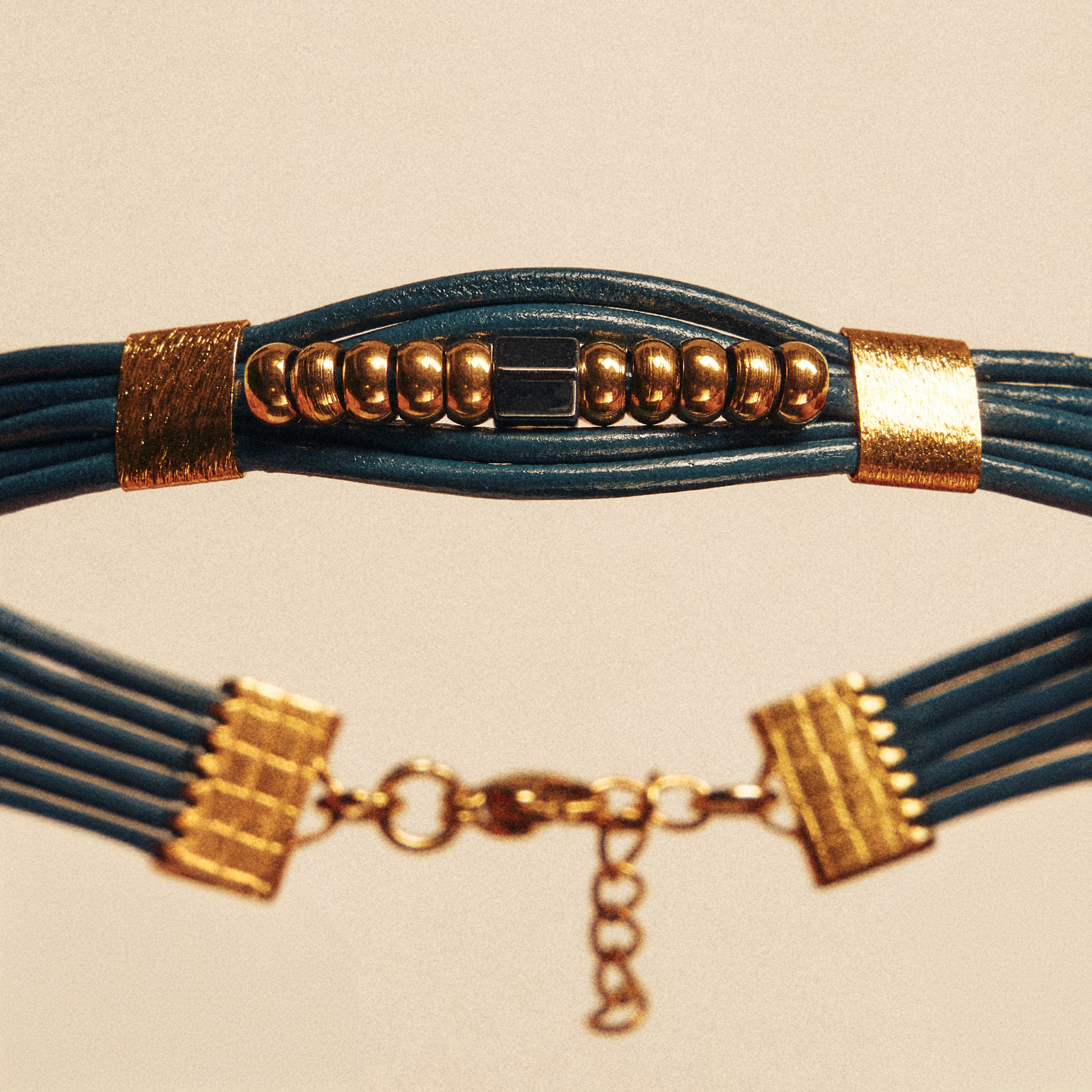 Blue Leather Bracelet with Gold & Black Elements - Image 2
