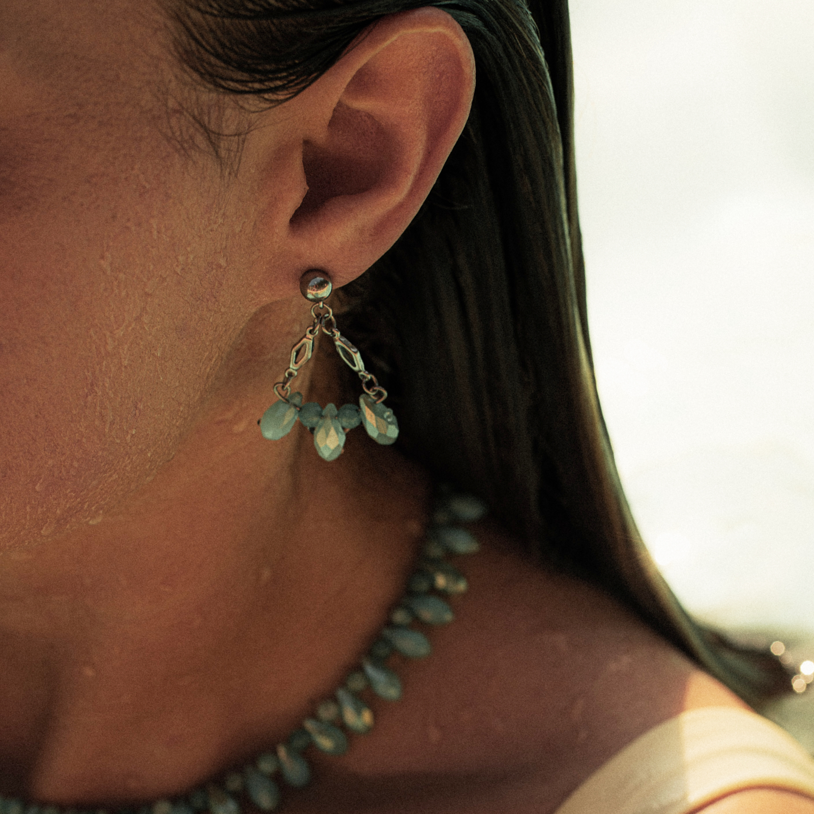 Silver Earrings with Crystals & Aquamarine