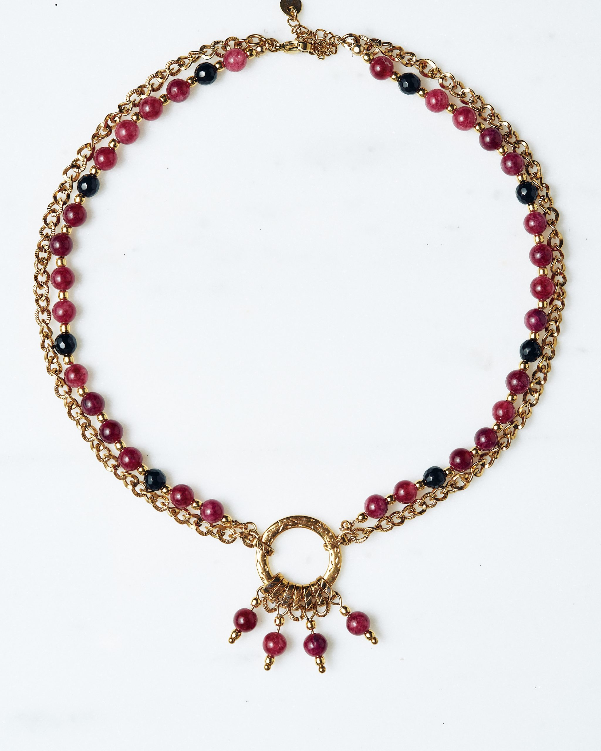 Double Necklace with Red Garnet & Gold Chain
