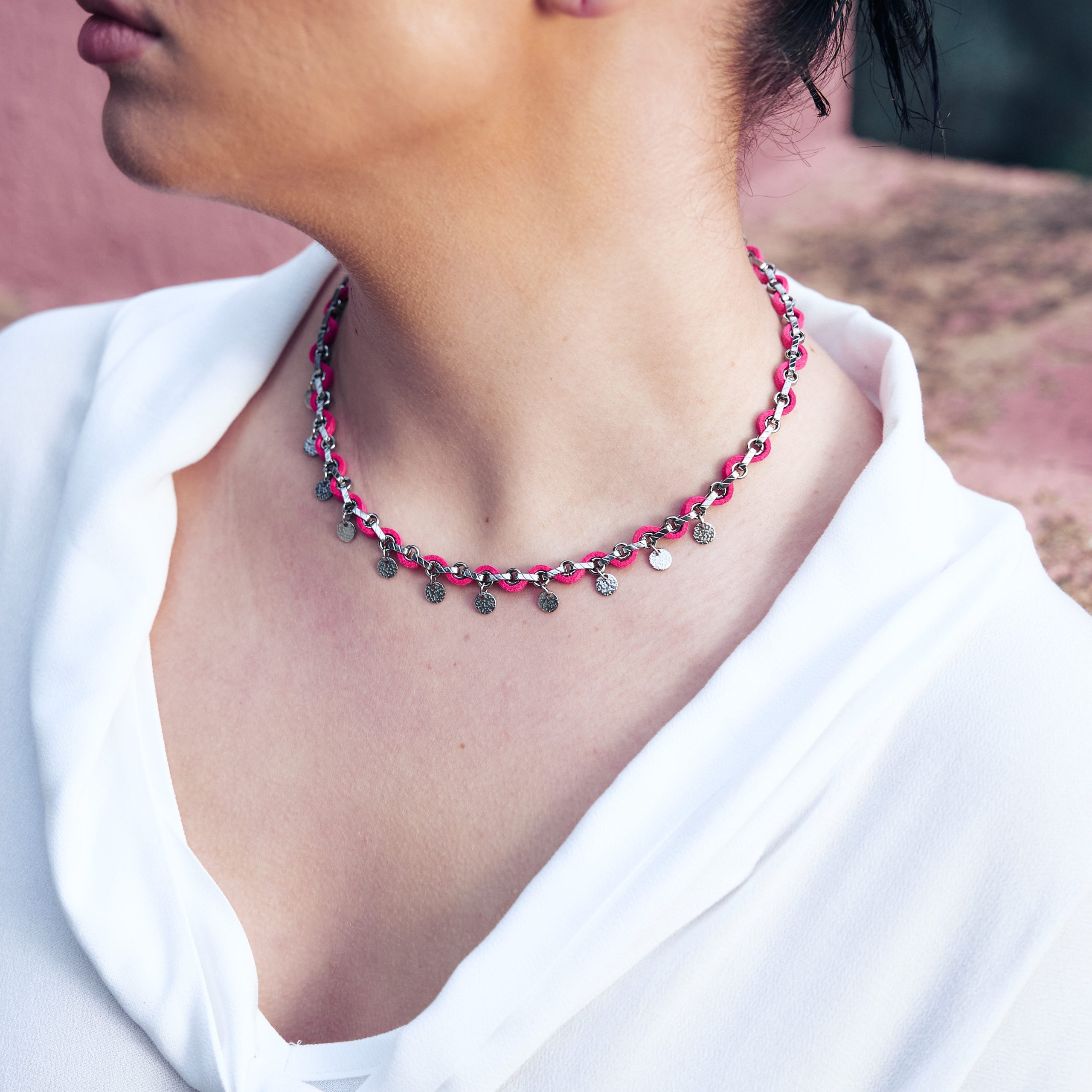 Suede Necklace with Silver Chain & Florins
