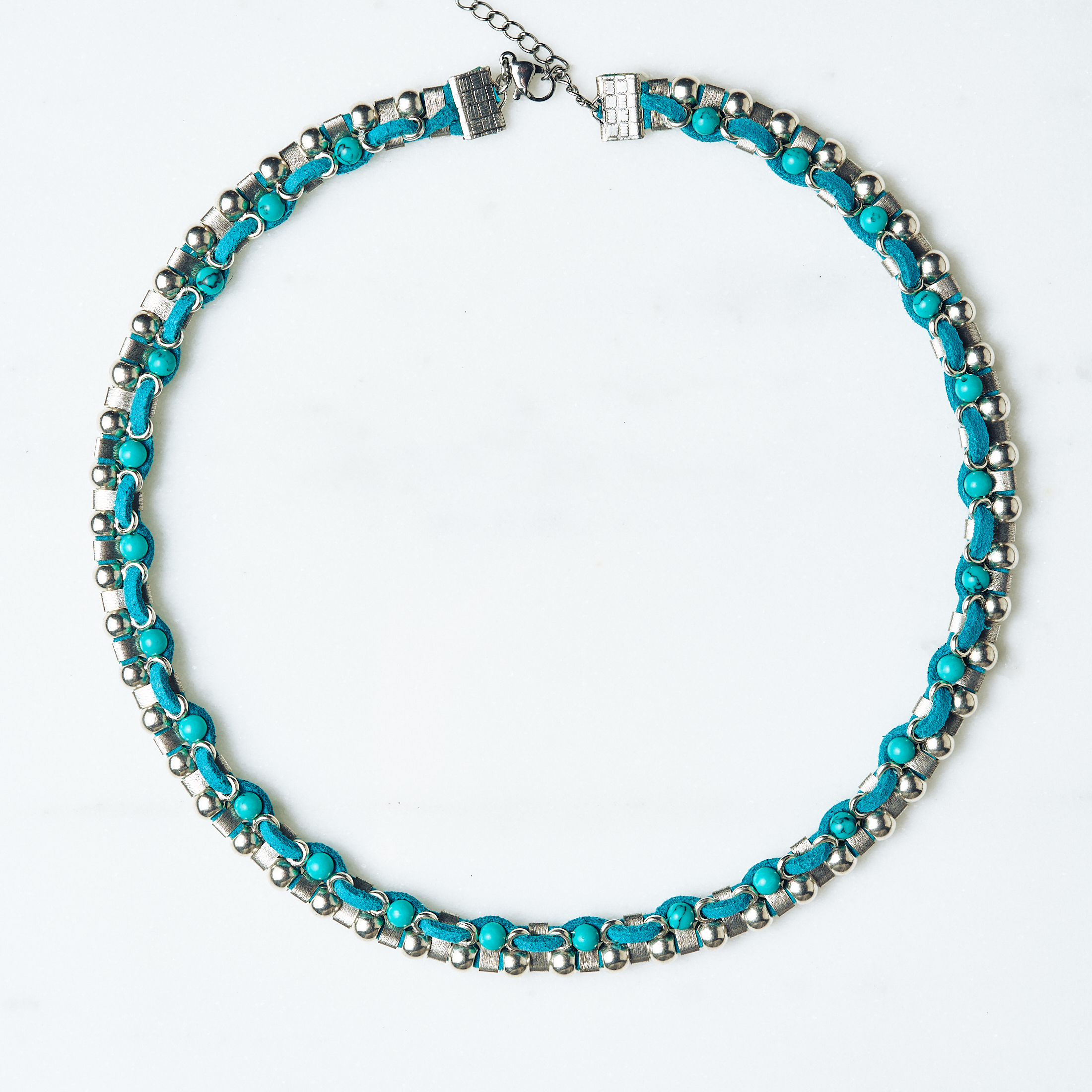 Suede Necklace with Silver Accents & Turquoise