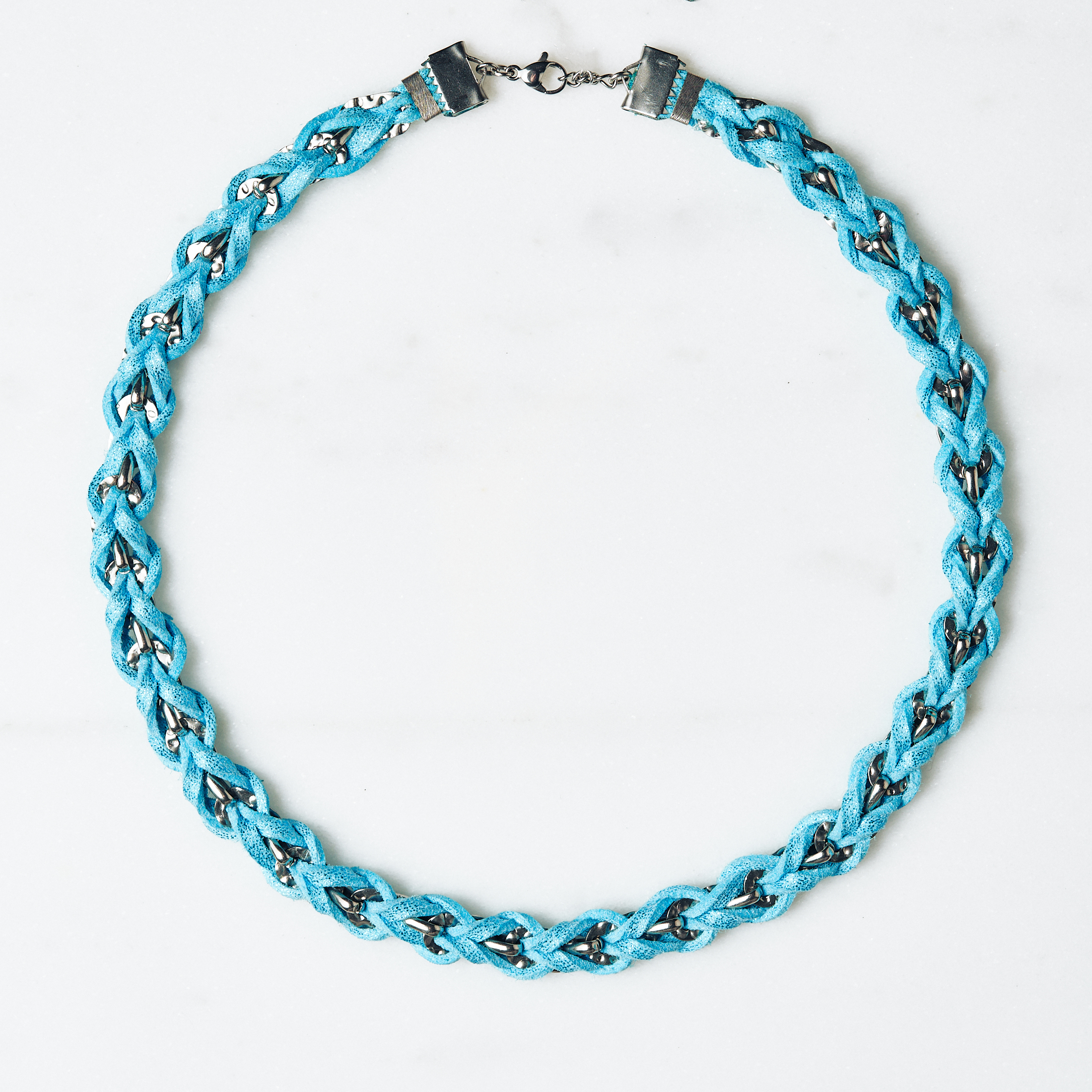 Necklace with Silver Chain & Turquoise Suede
