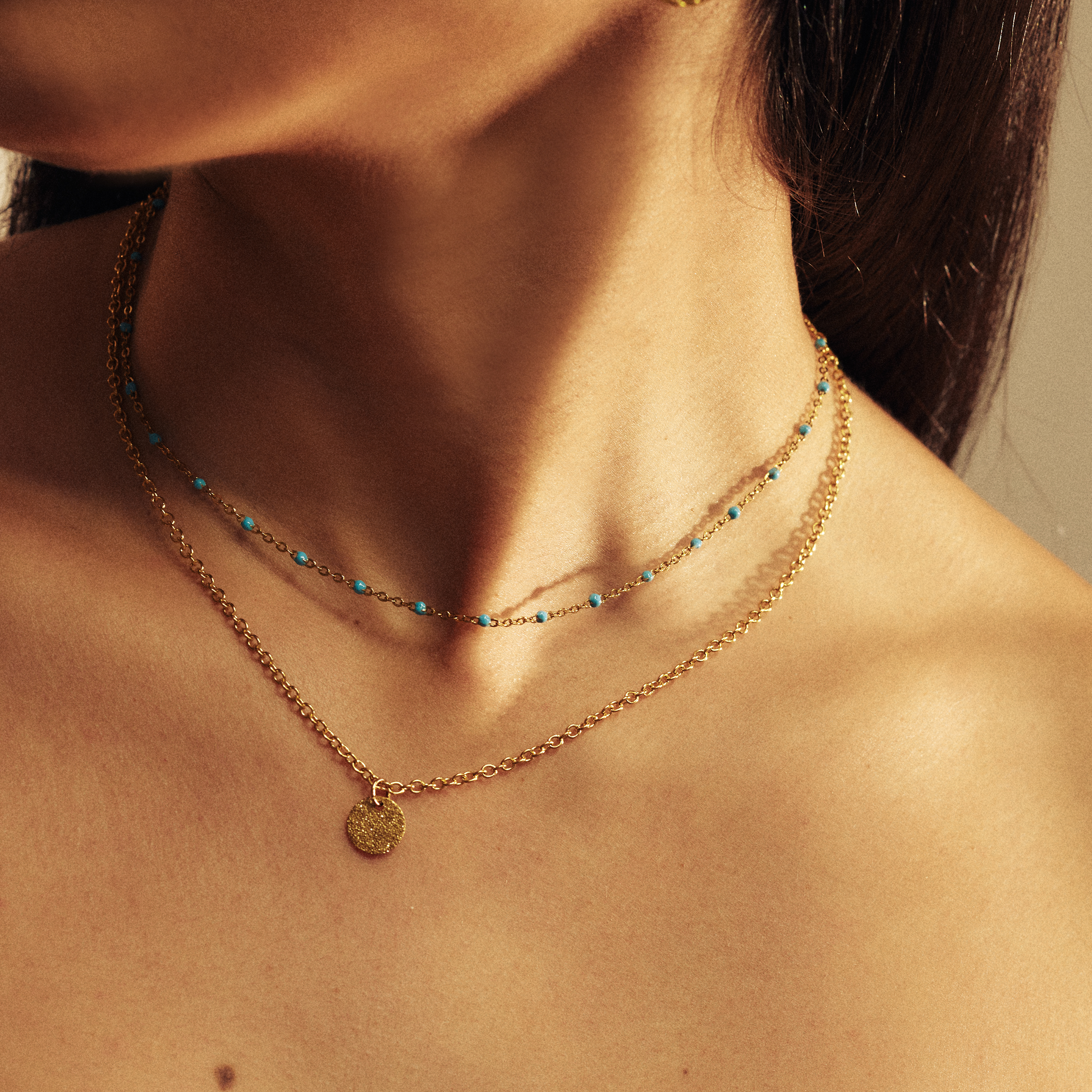 Gold Necklace with Chains & Turquoise Enamel