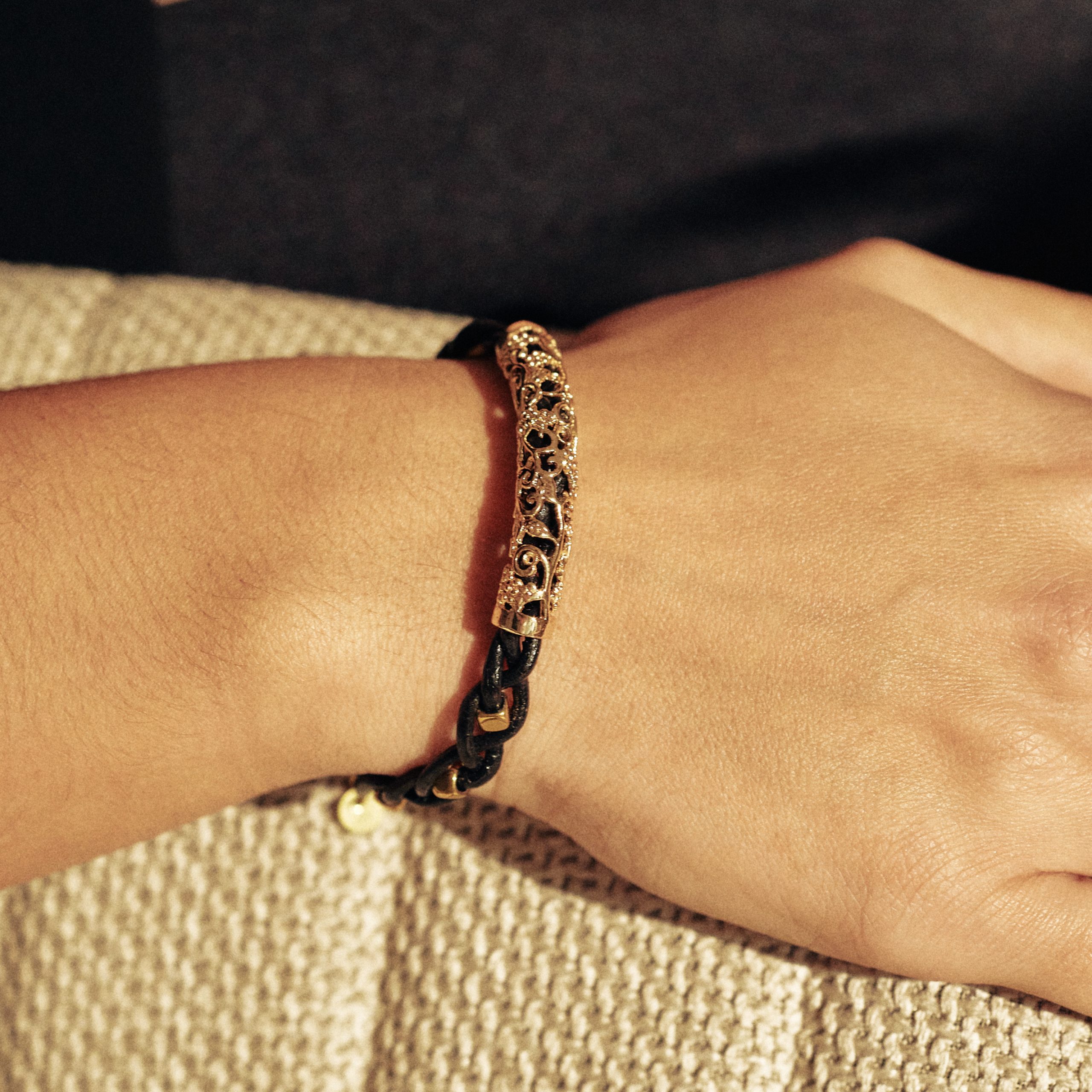 Leather Bracelet with Gold Tube & Hematites