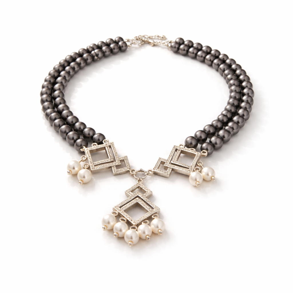 Double Silver Necklace with Swarovski Pearls & Mother of Pearl - Image 2