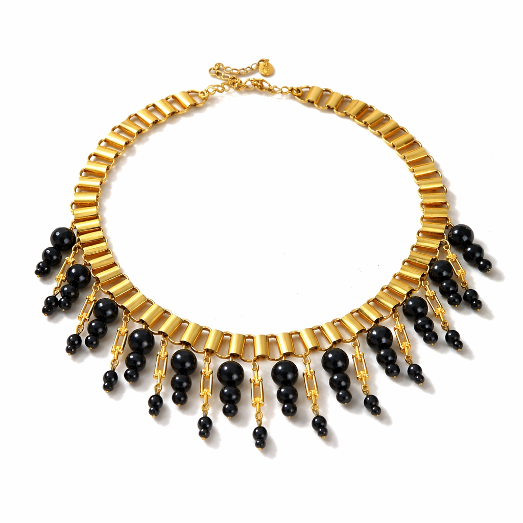 Gold Chain Necklace with Natural Black Onyx Beads