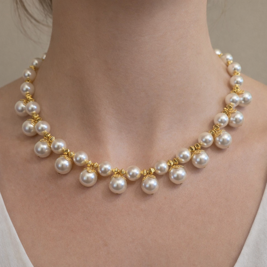 Gold Necklace with Swarovski Pearls - Image 2