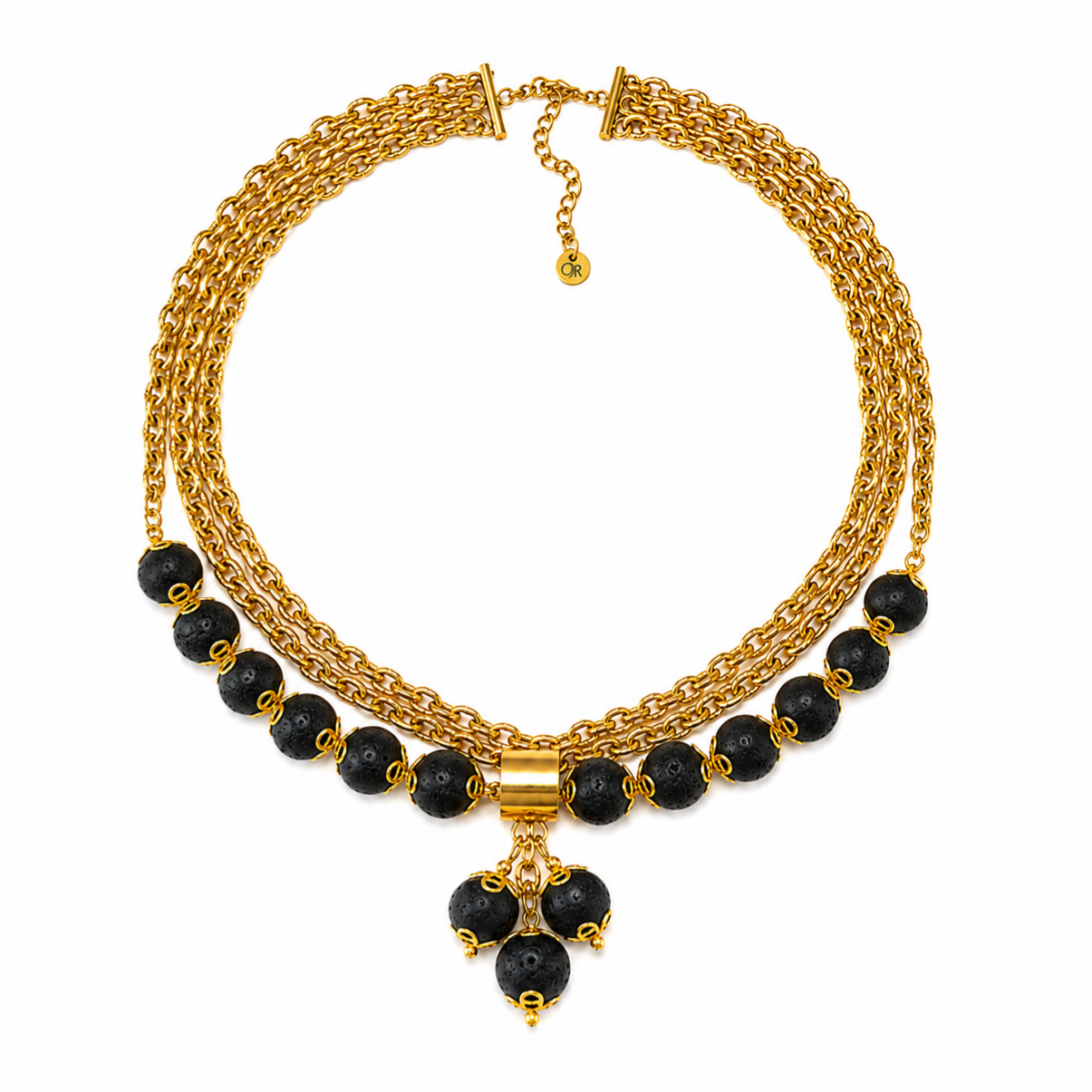 Gold Necklace with Natural Black Lava Stones