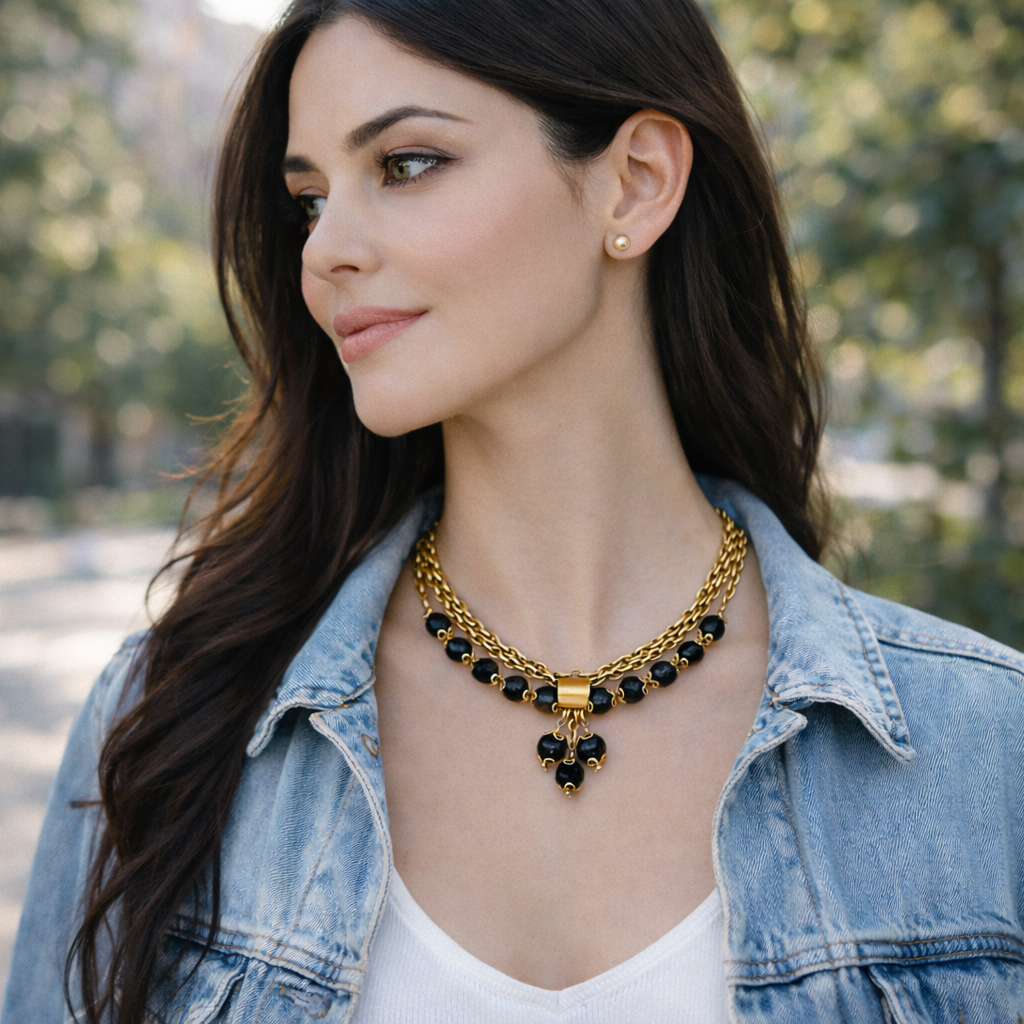 Gold Necklace with Natural Black Lava Stones - Image 2