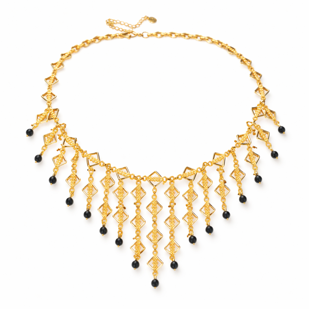 Gold Necklace with Natural Black Onyx Stones