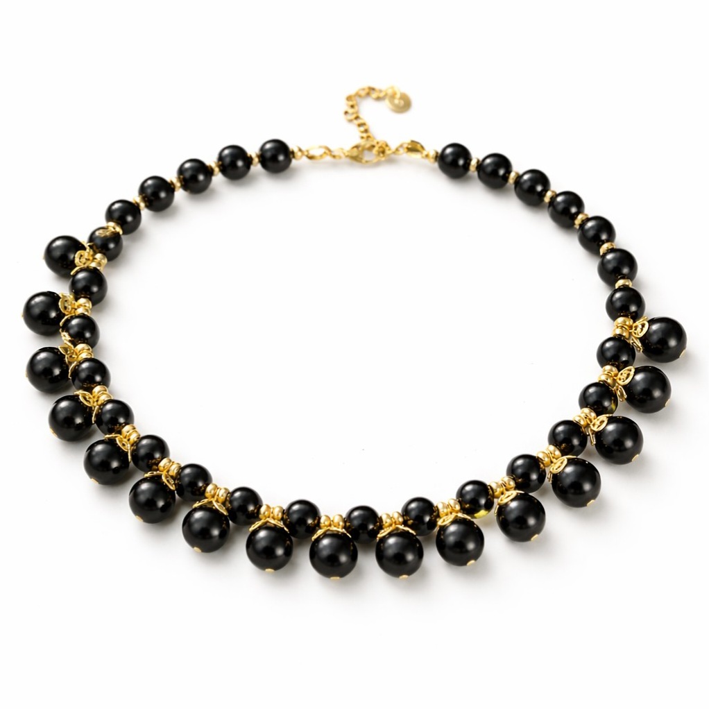 Gold Necklace with Natural Black Onyx Beads