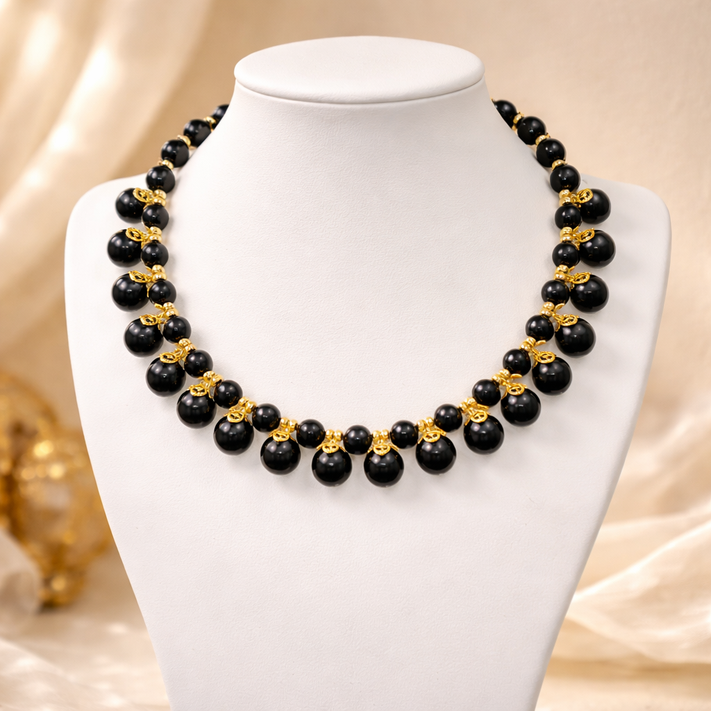 Gold Necklace with Natural Black Onyx Beads - Image 3