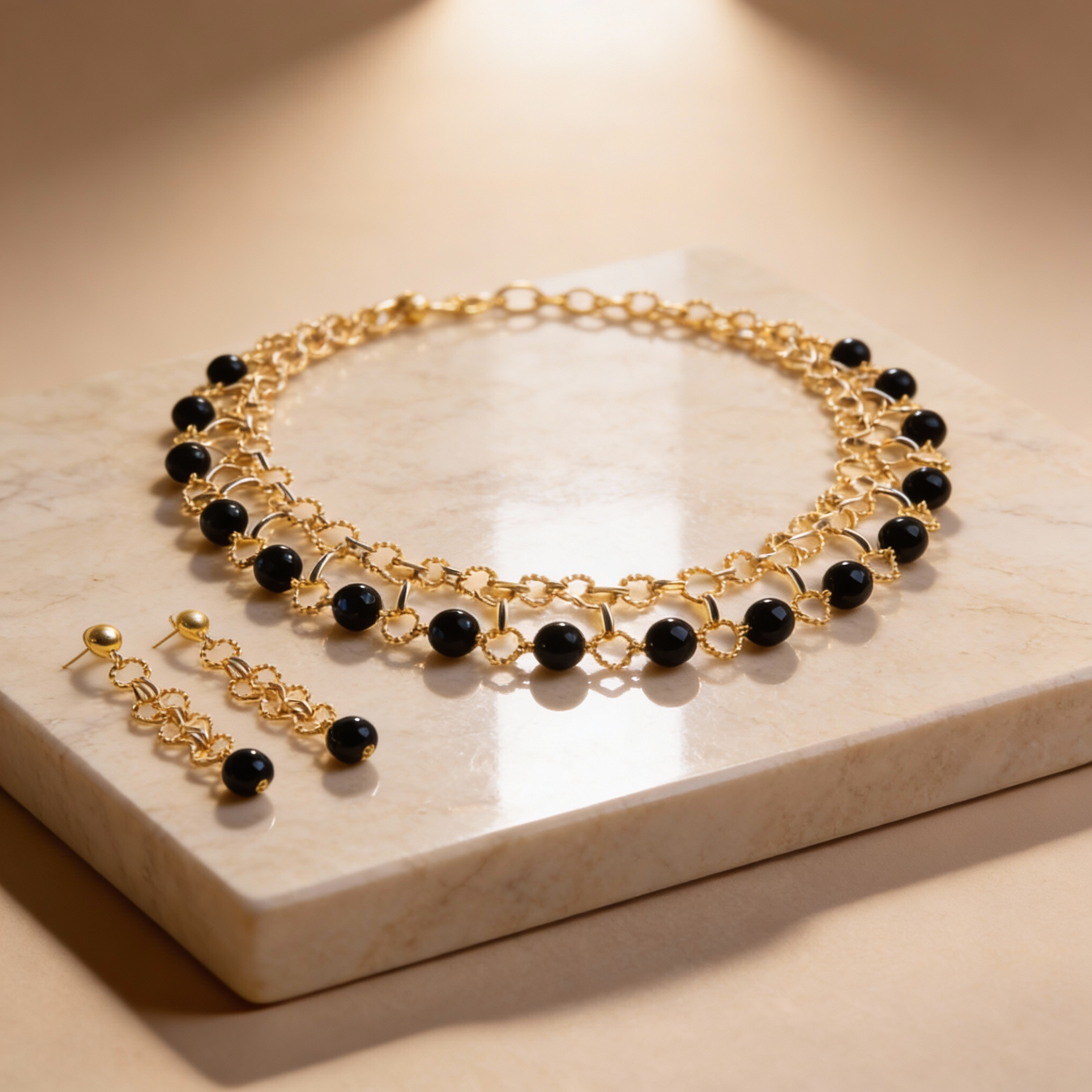 Gold Necklace with Natural Black Onyx Stones - Image 2