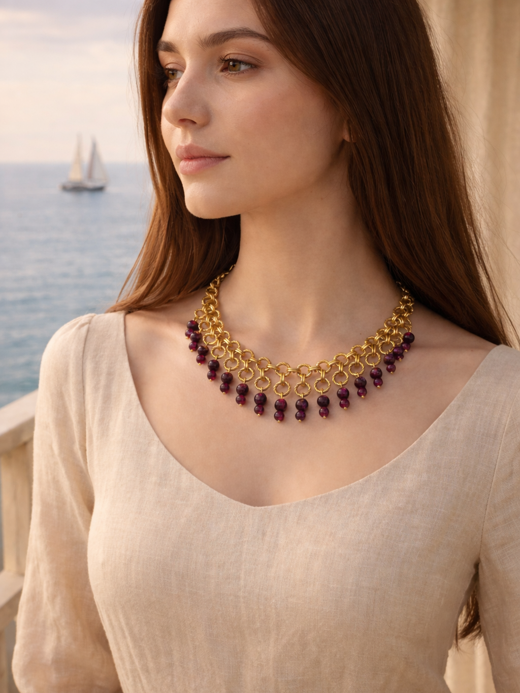 Gold Necklace with Natural Red & Burgundy Garnet Stones - Image 2