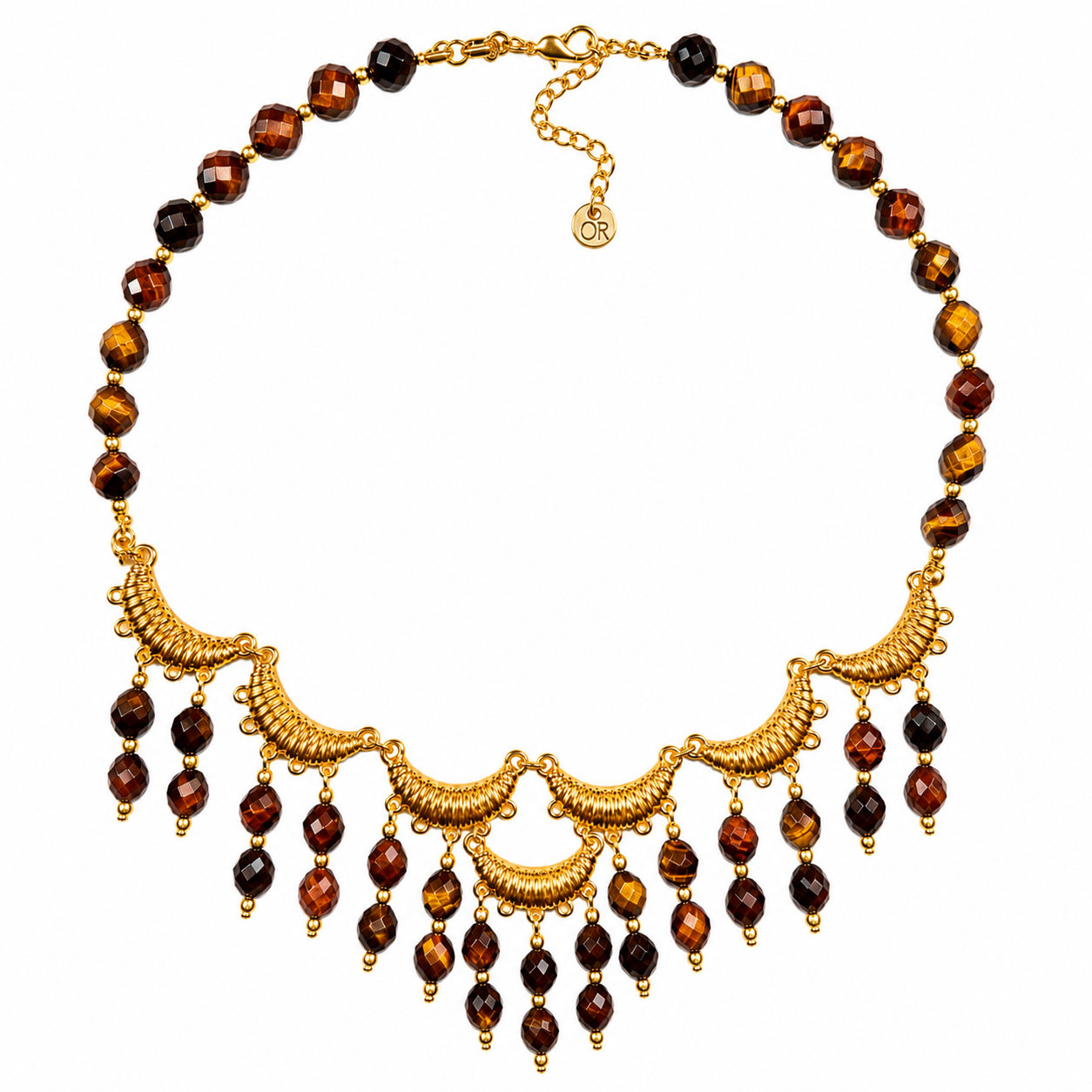 Gold Necklace with Natural Tiger's Eye Stones