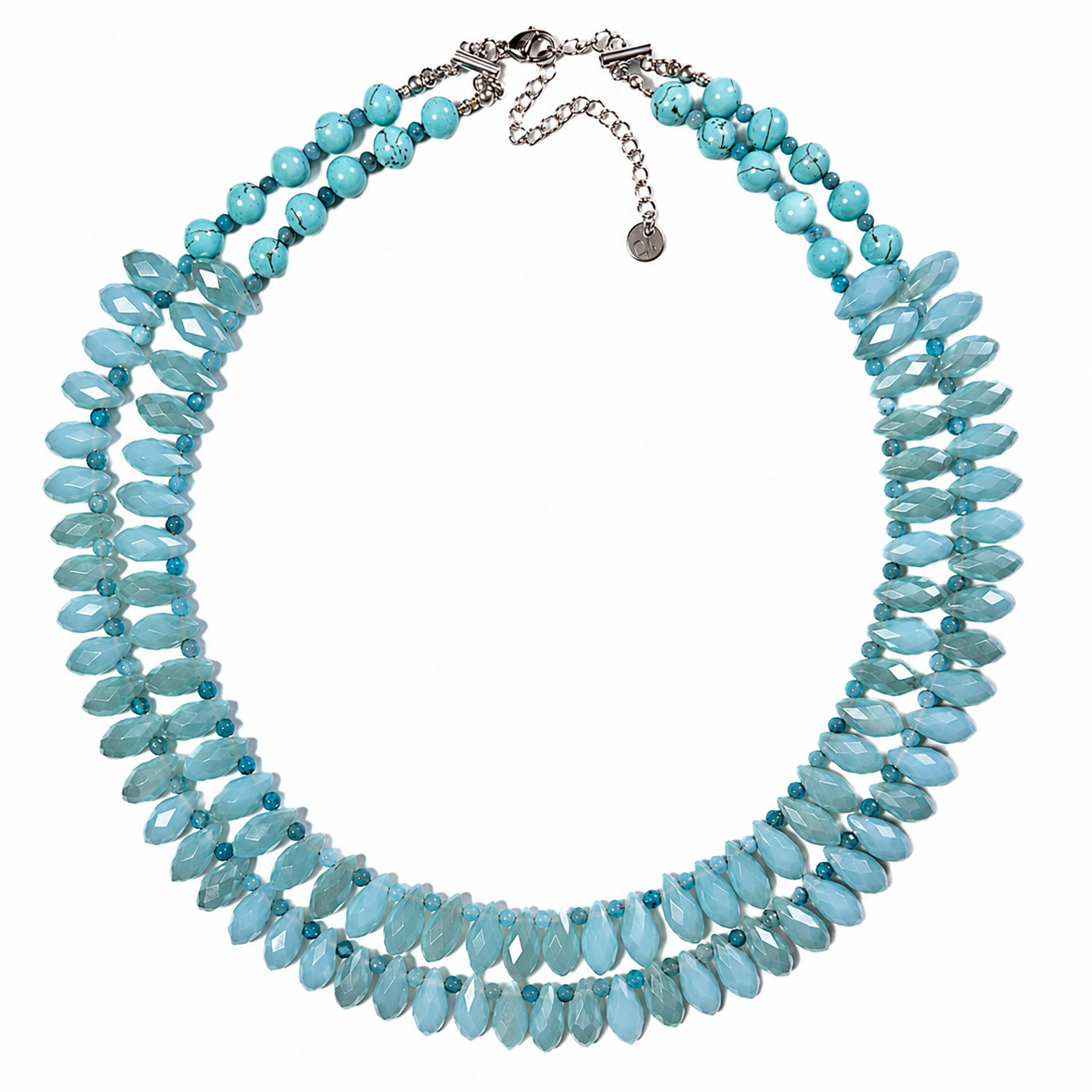 Double Gold Necklace with Natural Cat Eye & Turquoise Stones & Natural Apatite Beads - Image 2
