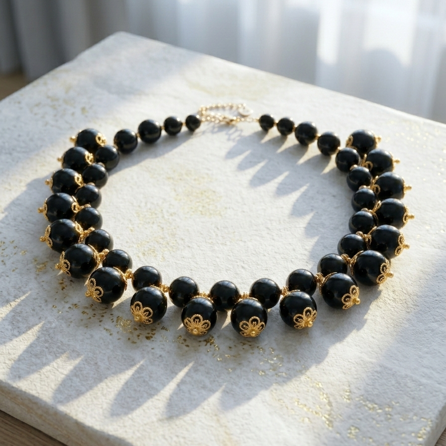 Gold Necklace with Natural Black Onyx Stones - Image 2