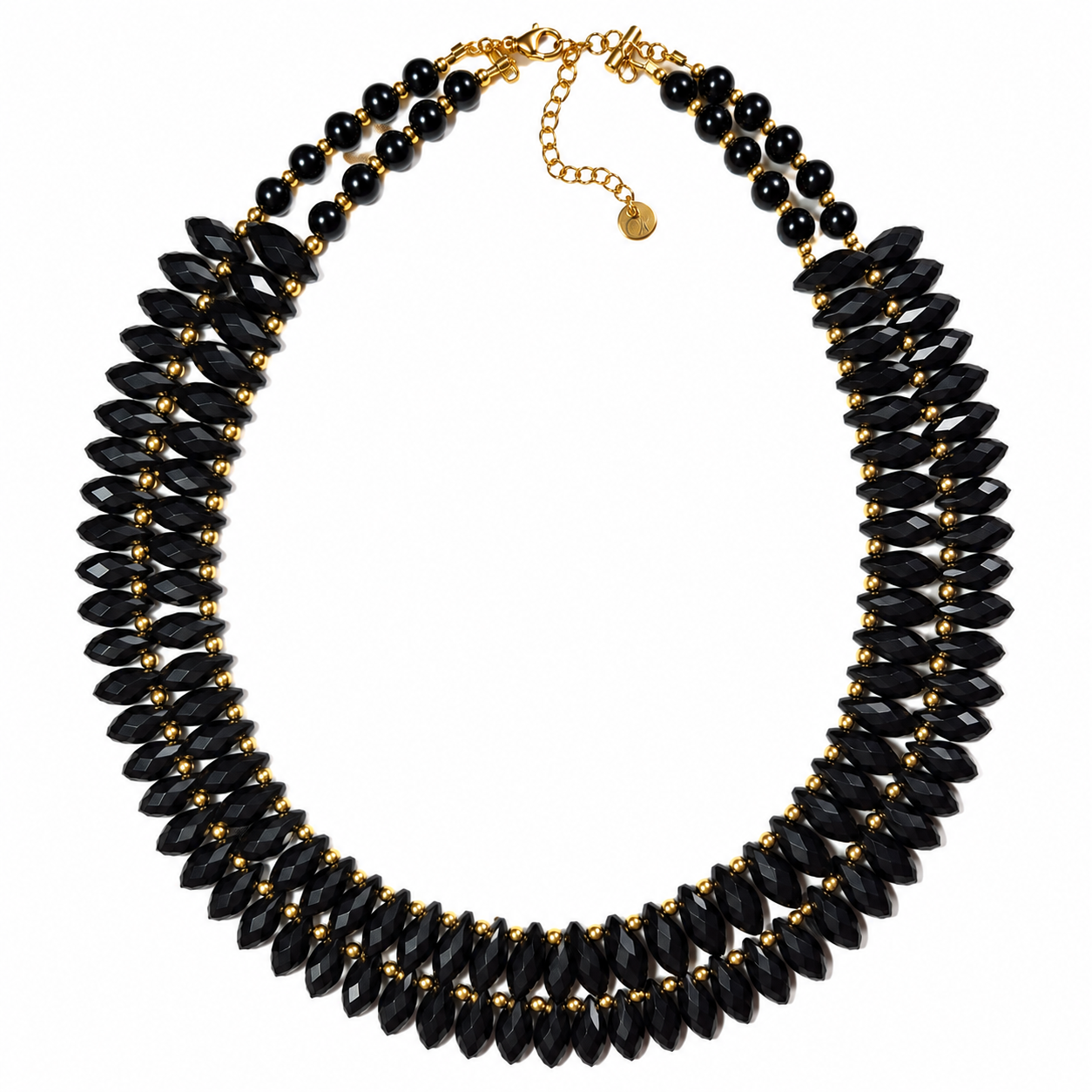 Double Gold Necklace with Black Crystals & Natural Black Onyx Stones