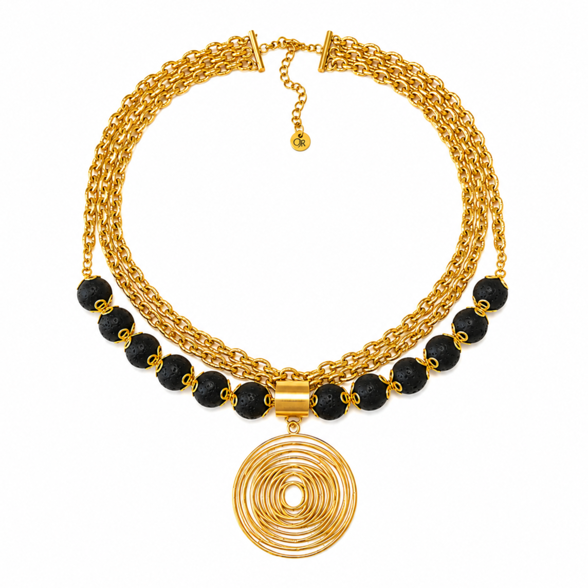 Gold Necklace with Natural Black Lava Stones