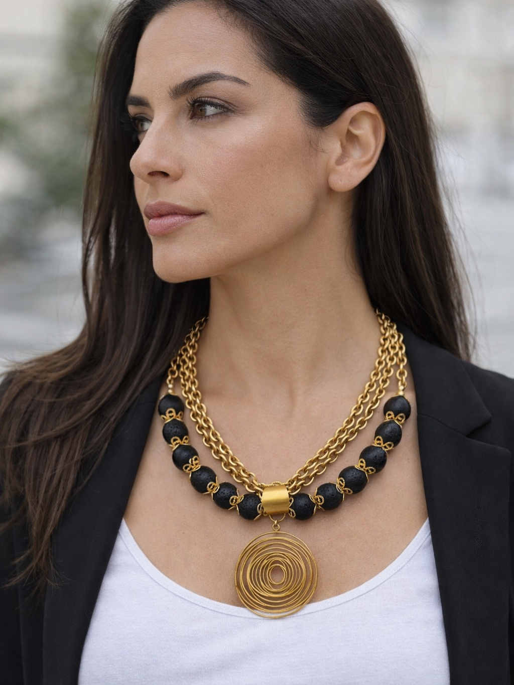 Gold Necklace with Natural Black Lava Stones - Image 2