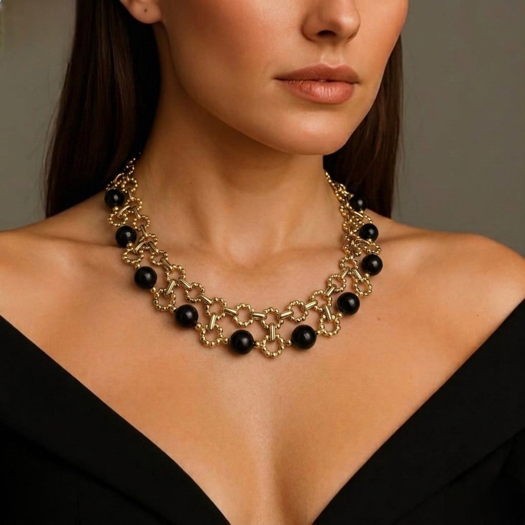 Gold Necklace with Natural Black Onyx Stones