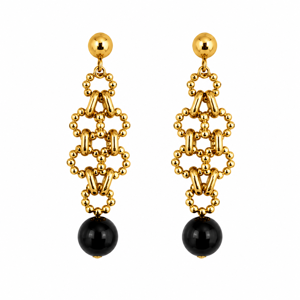 Gold Earrings with Natural Black Onyx Stones