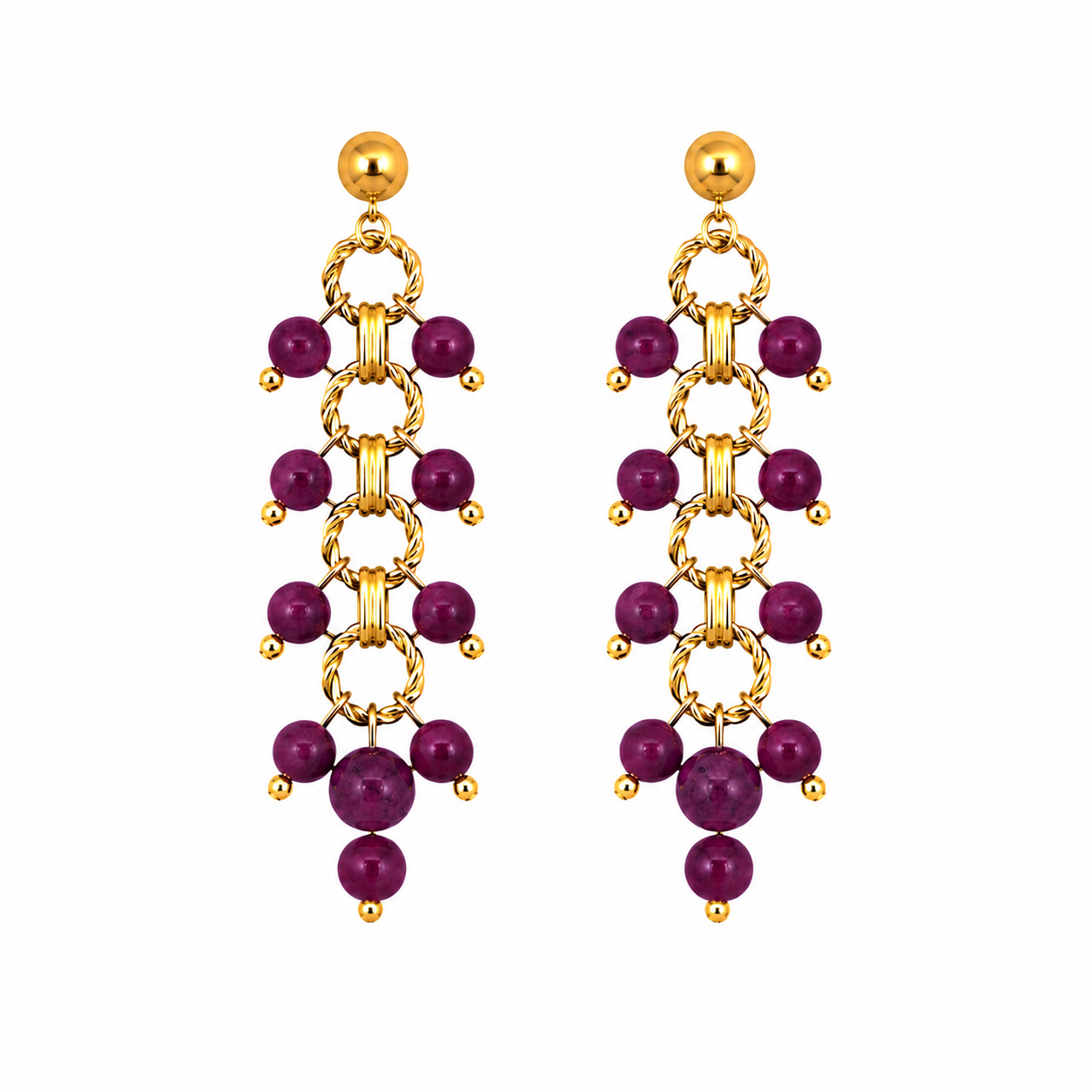 Gold Earrings with Natural Red & Burgundy Garnet Stones