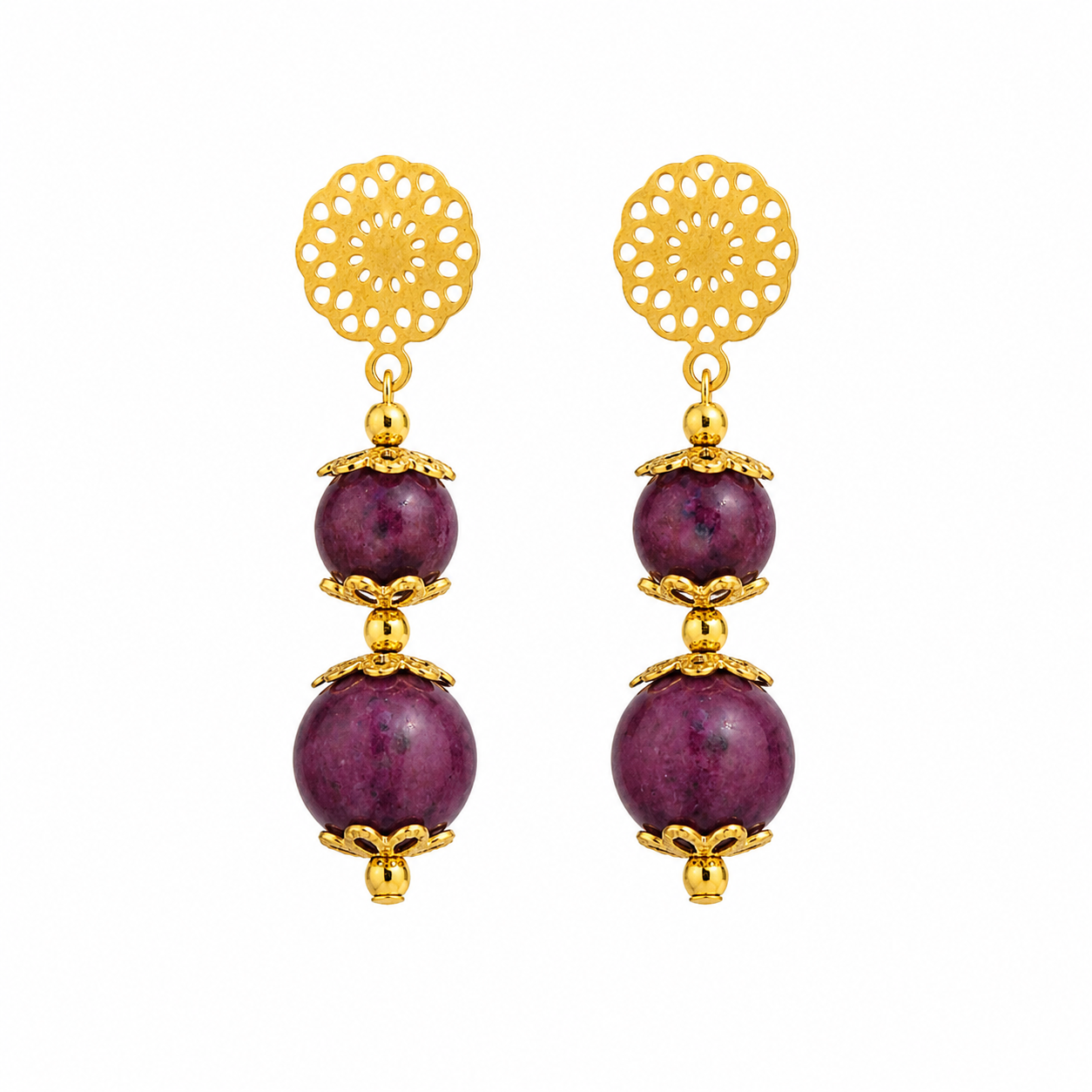 Gold Earrings with Natural Red & Burgundy Garnet Stones