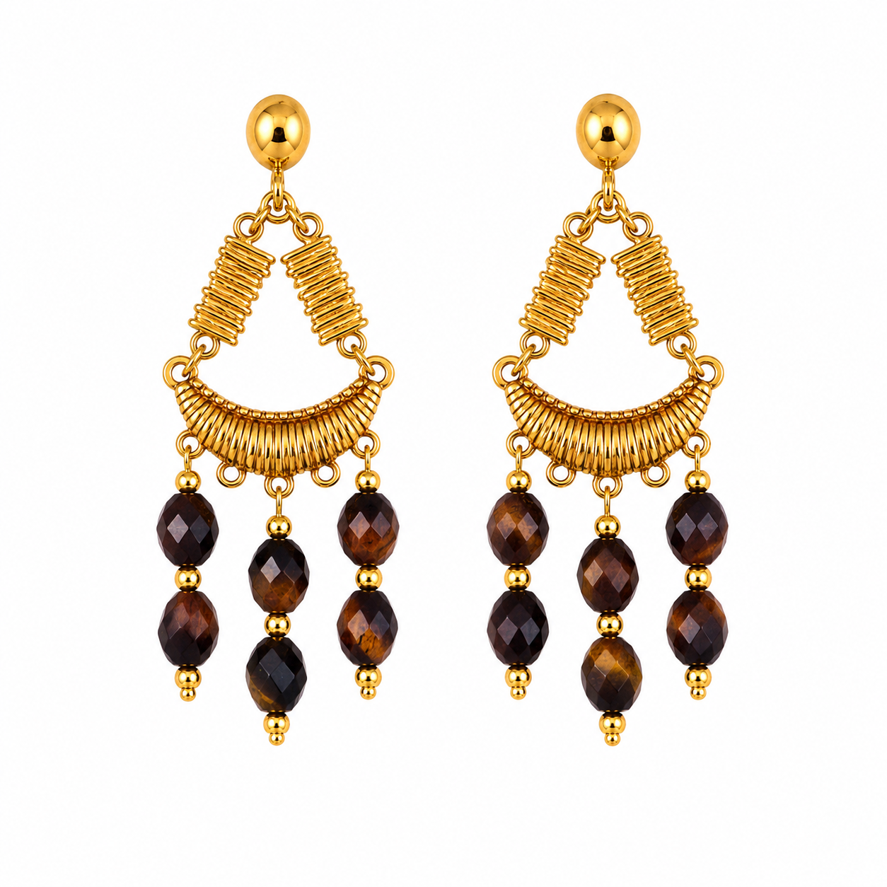 Gold Earrings with Natural Tiger Eye Stones