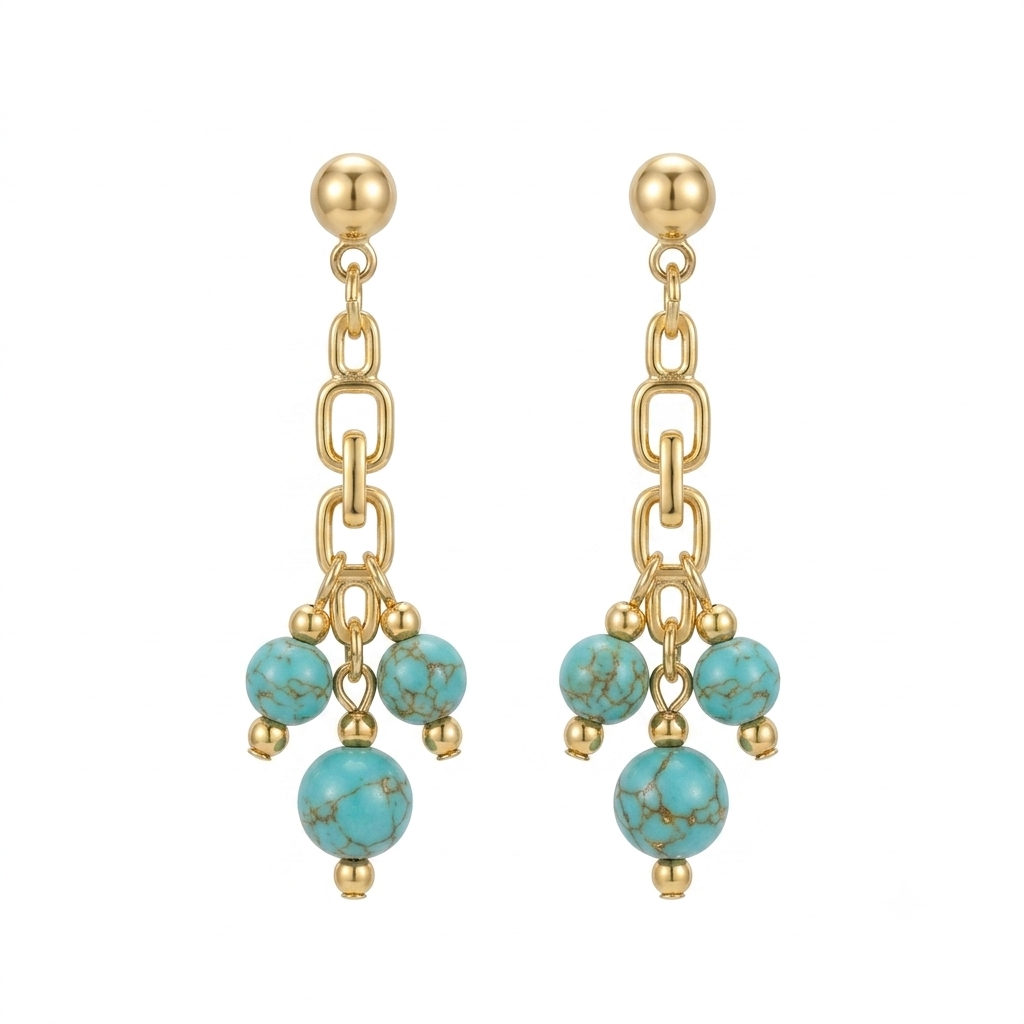 Gold Earrings with Natural Green Turquoise Stones