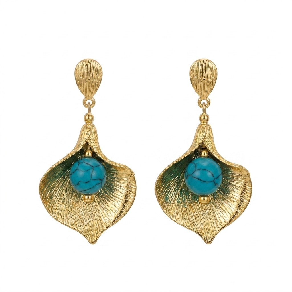 Gold Earrings with Natural Green Turquoise Stones