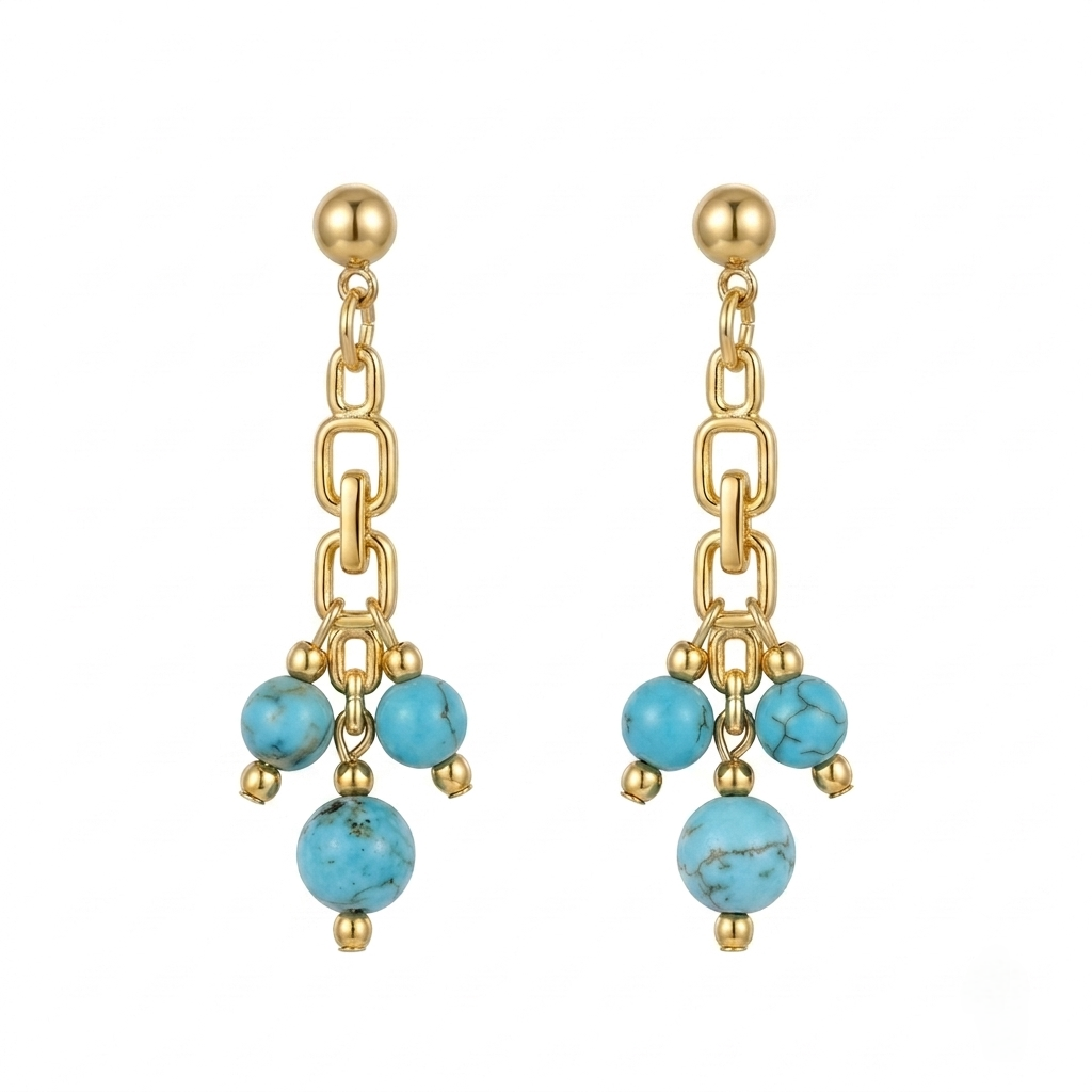 Gold Earrings with Natural Blue Turquoise Stones