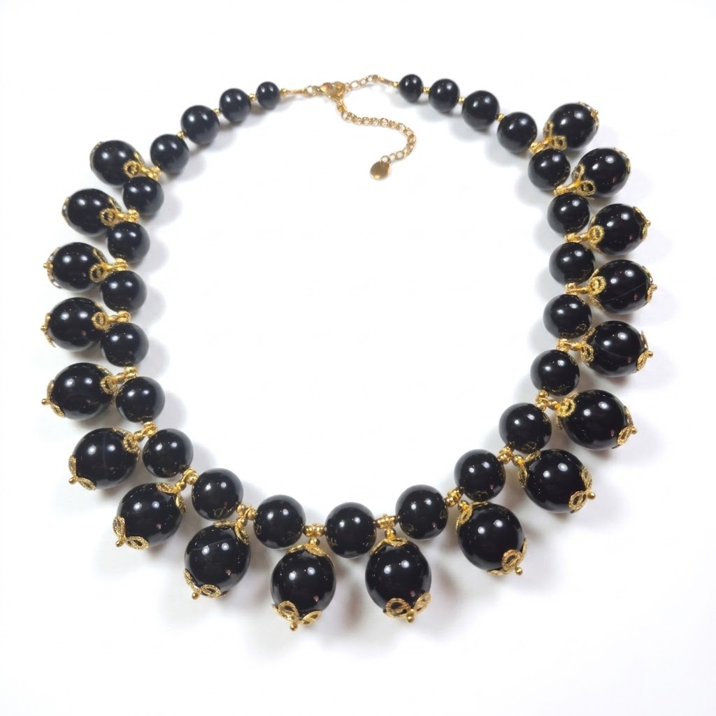 Gold Necklace with Natural Black Onyx Stones