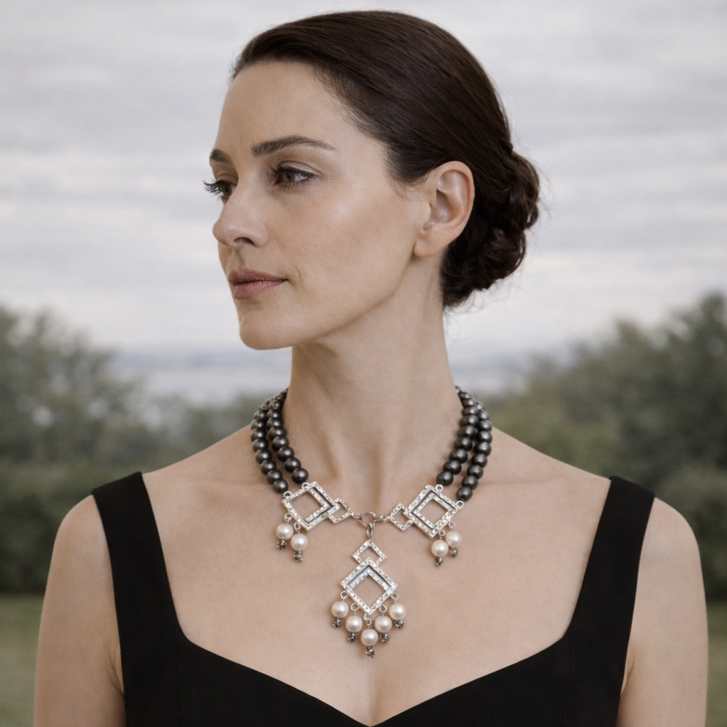Double Silver Necklace with Swarovski Pearls & Mother of Pearl