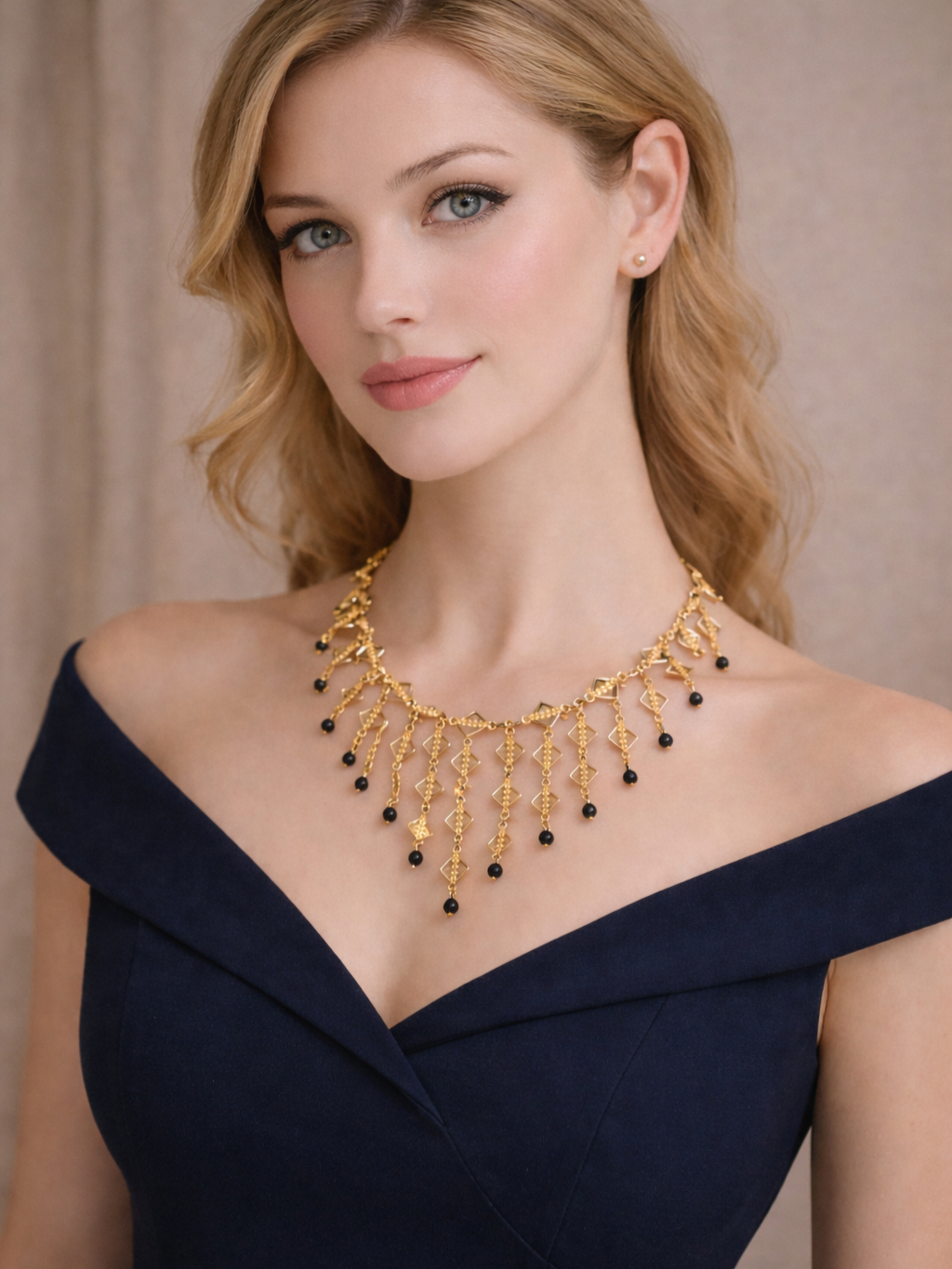 Gold Necklace with Natural Black Onyx Stones - Image 2