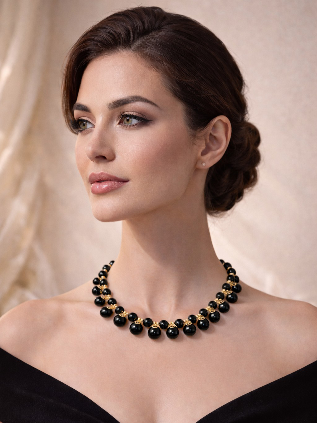 Gold Necklace with Natural Black Onyx Beads - Image 2