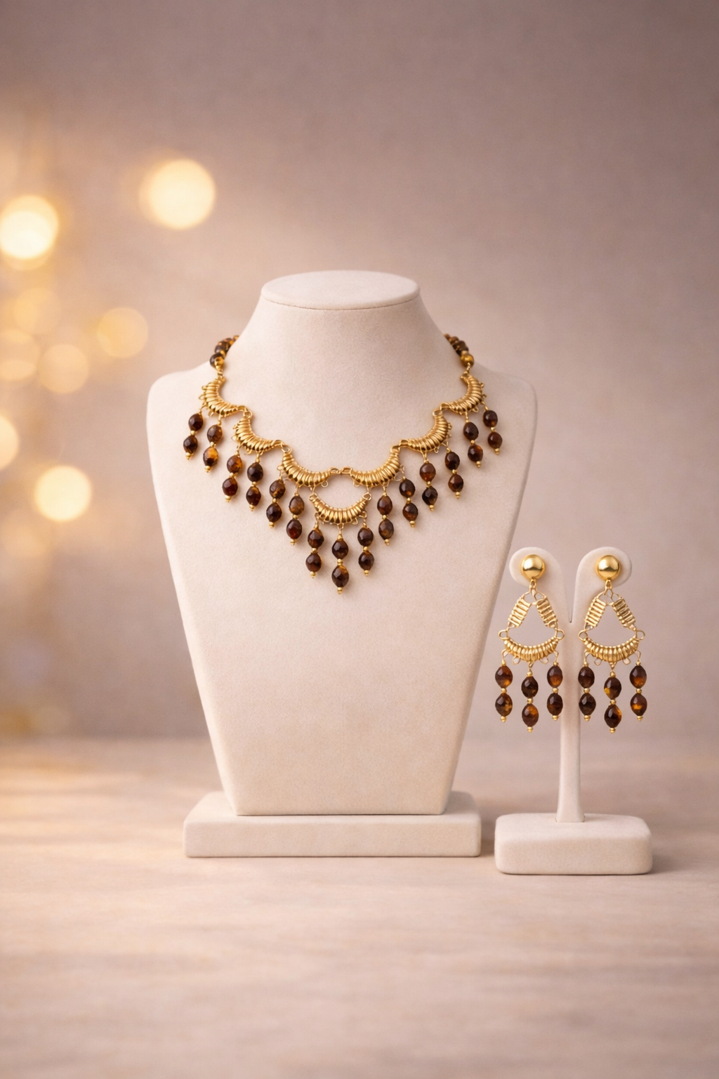 Gold Necklace with Natural Tiger's Eye Stones - Image 2