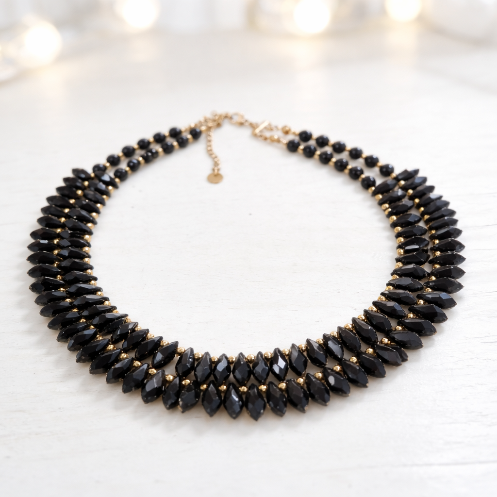 Double Gold Necklace with Black Crystals & Natural Black Onyx Stones - Image 2