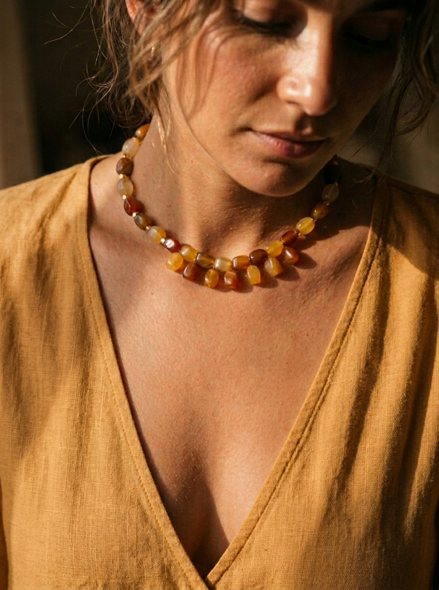 24k Gold-Plated Necklace with Natural Amber Agate - Image 2