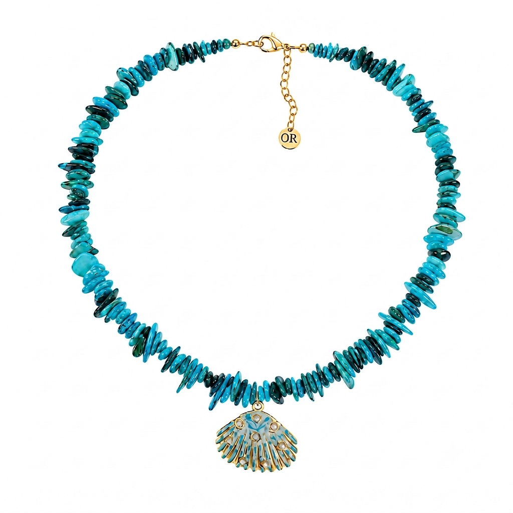 Stainless Steel Necklace with Blue Shell Chips, Enamel & Pearls