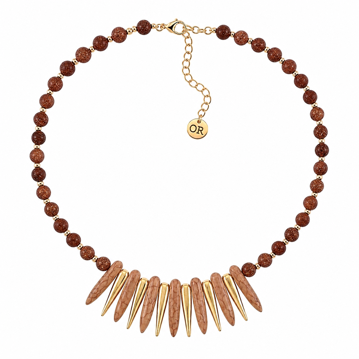24k Gold-Plated Necklace with Brown Goldstone & Howlite